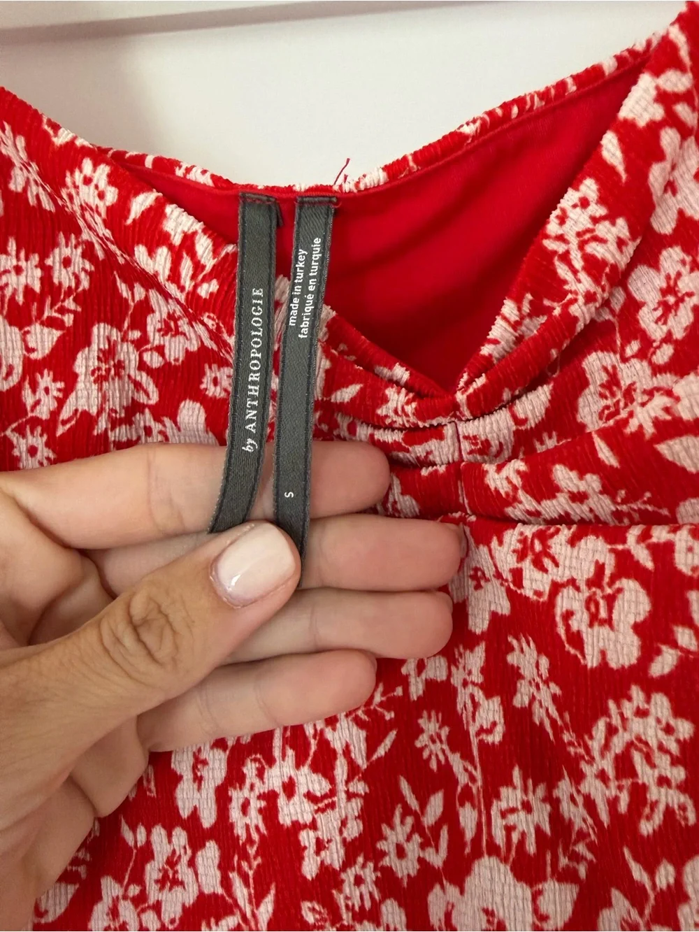 Anthropologie Red and White Floral Square-Neck Sweatheart Blouse